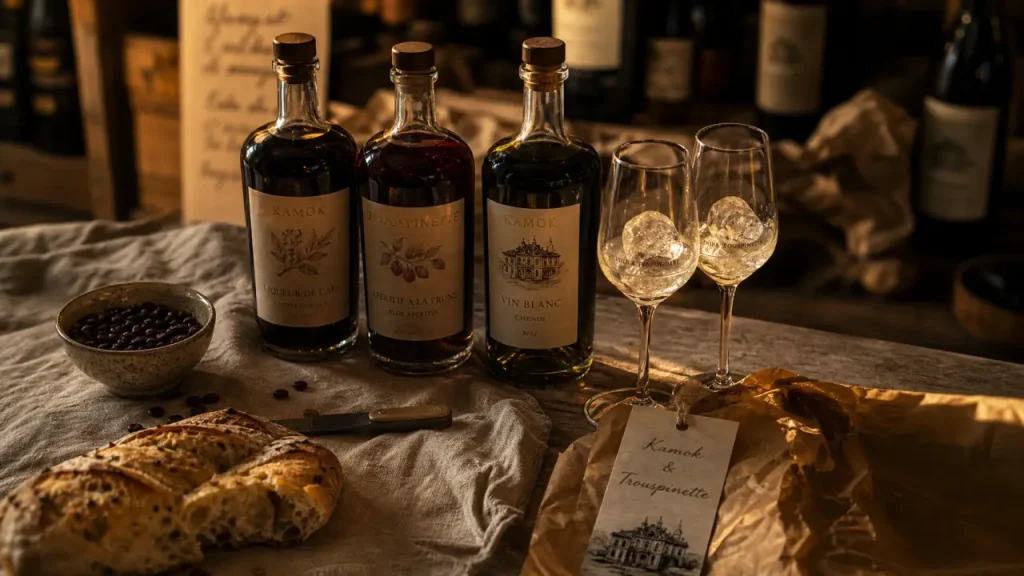 Alcool vendéen : bouteilles de Kamok, Trouspinette et vin blanc de Vendée