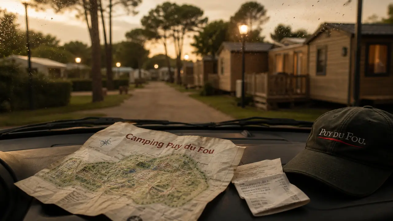 Voiture et papier « camping puy du fou » près d’un camping en Vendée