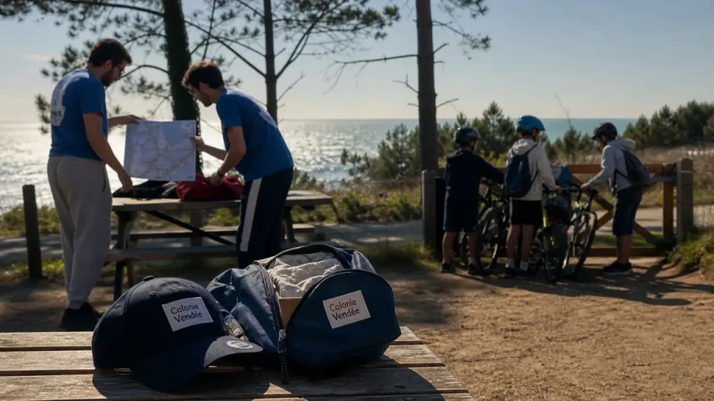 Colonie de vacances Vendée : animateurs avec enfants et vélos