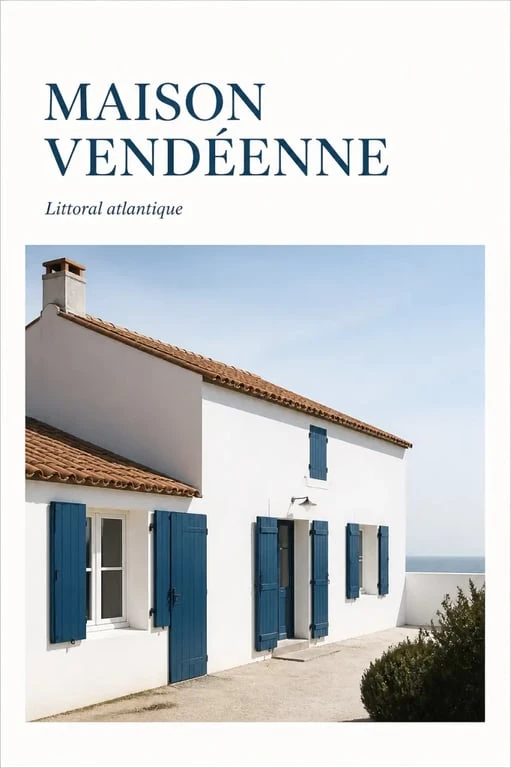 Maison traditionnelle vendéenne blanche avec volets bleus et toiture en tuiles rouges