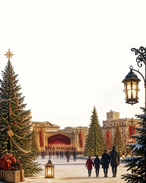 Mystère de Noël au Puy du Fou en ambiance hivernale avec sapins illuminés et spectacle nocturne