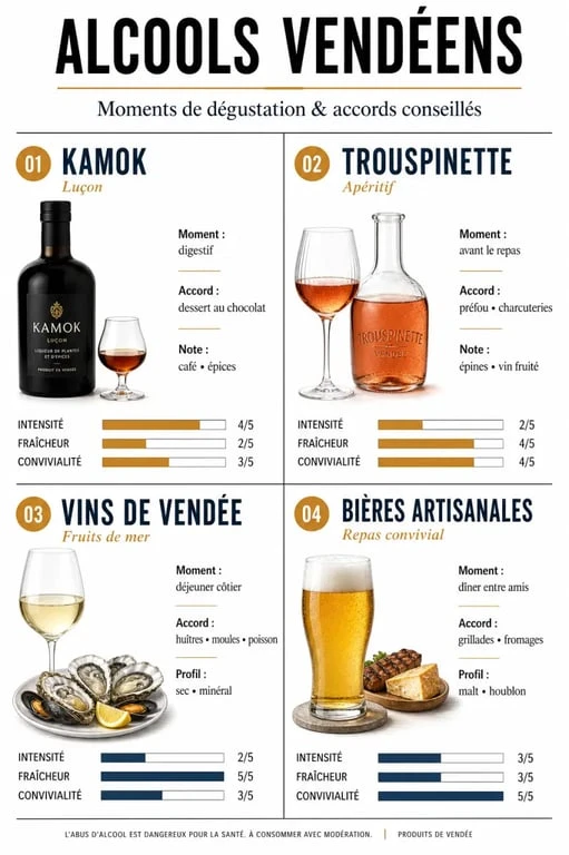 Alcool vendéen : visuel éditorial comparant Kamok, Trouspinette, vins de Vendée et bières artisanales selon le moment de dégustation