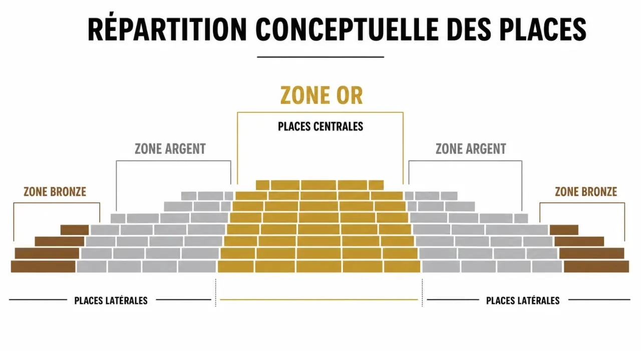 Plan tribune cinéscénie puy du fou avec zones Bronze, Argent et Or