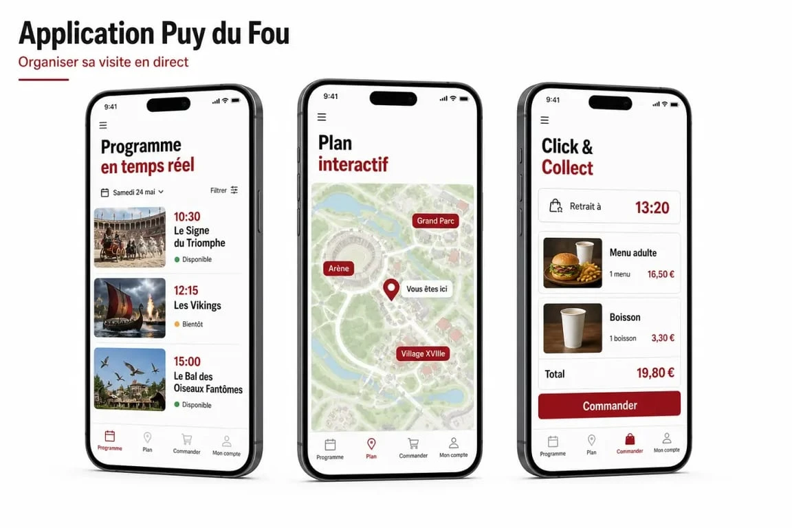 Appli Puy du Fou sur smartphone avec programme en temps réel, plan interactif et Click & Collect