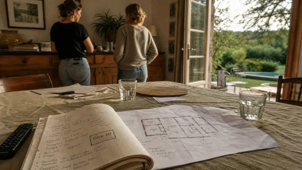 Gîte 20 personnes pays de la loire : table, plans de chambres et vérification équipements