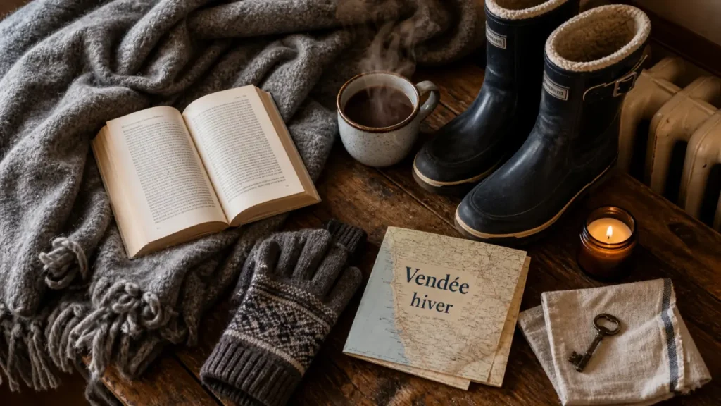 Gîte vacances hiver Vendée : plaid, bottes et tasse chaude près du radiateur