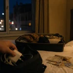Hotel puy du fou : chambre Cité Nocturne, billets et valise sur lit