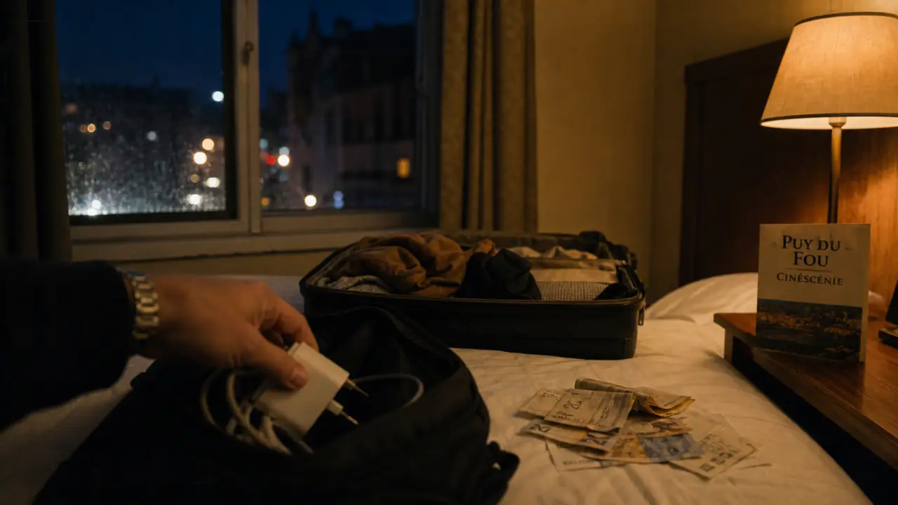 Hotel puy du fou : chambre Cité Nocturne, billets et valise sur lit