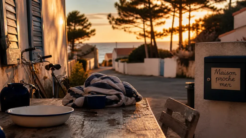 Location maison vacances Vendée, terrasse proche de la mer, jardin et océan au loin