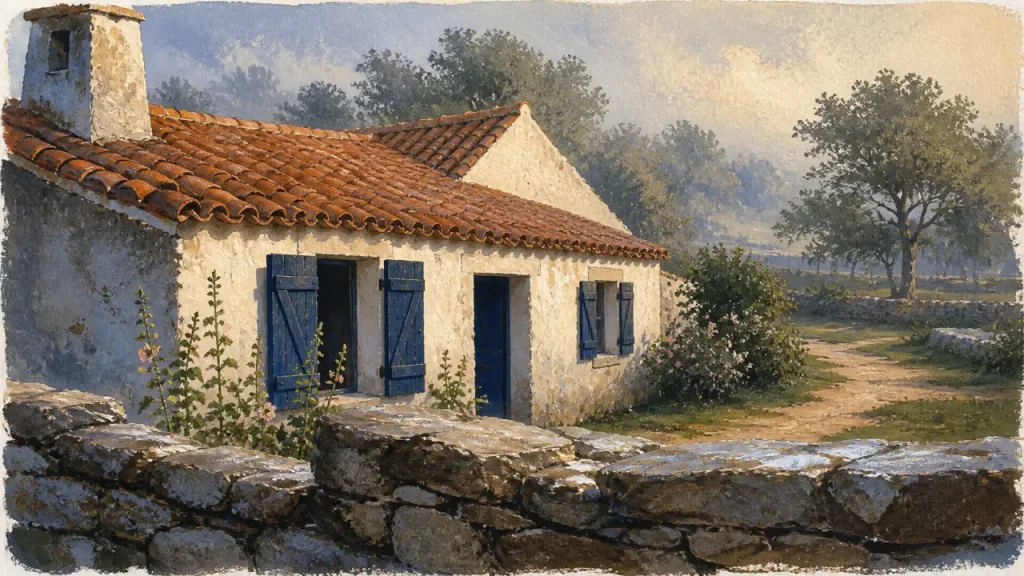 Maison traditionnelle vendéenne : murs blancs, tuiles corail, bocage