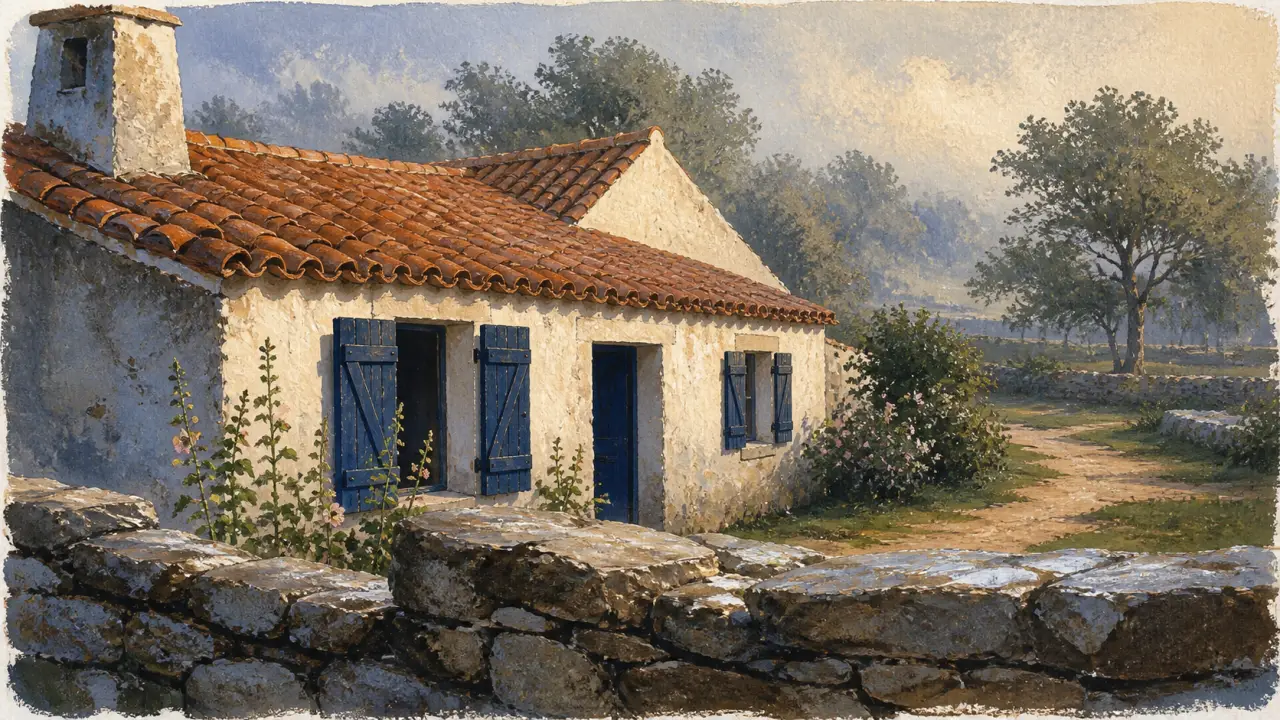 Maison traditionnelle vendéenne : murs blancs, tuiles corail, bocage