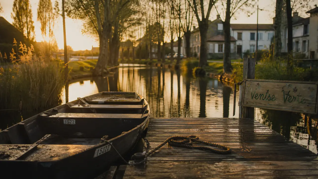 Barque dans le marais poitevin, Venise Verte au coucher du soleil