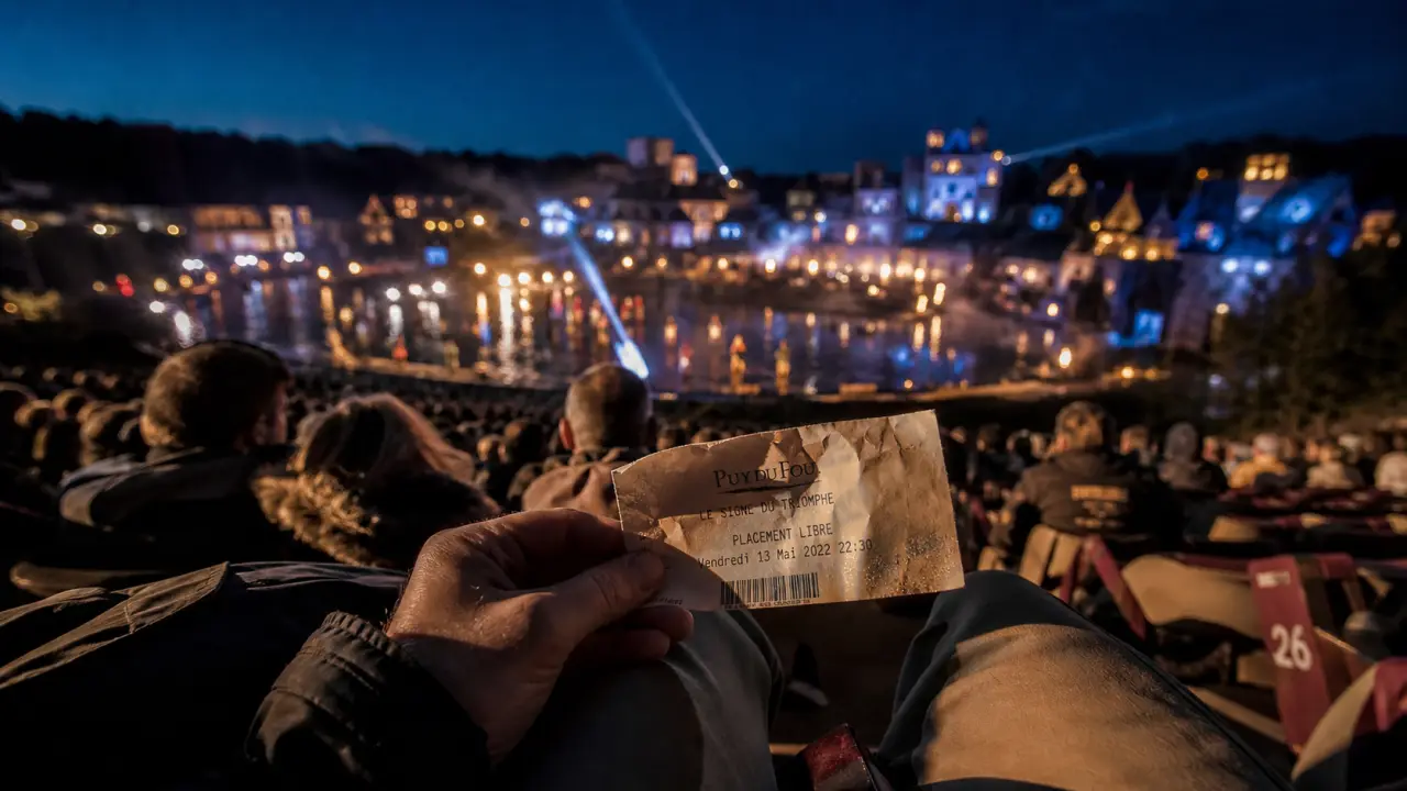 puy du fou cinescenie : billet au siège, scène nocturne au fond