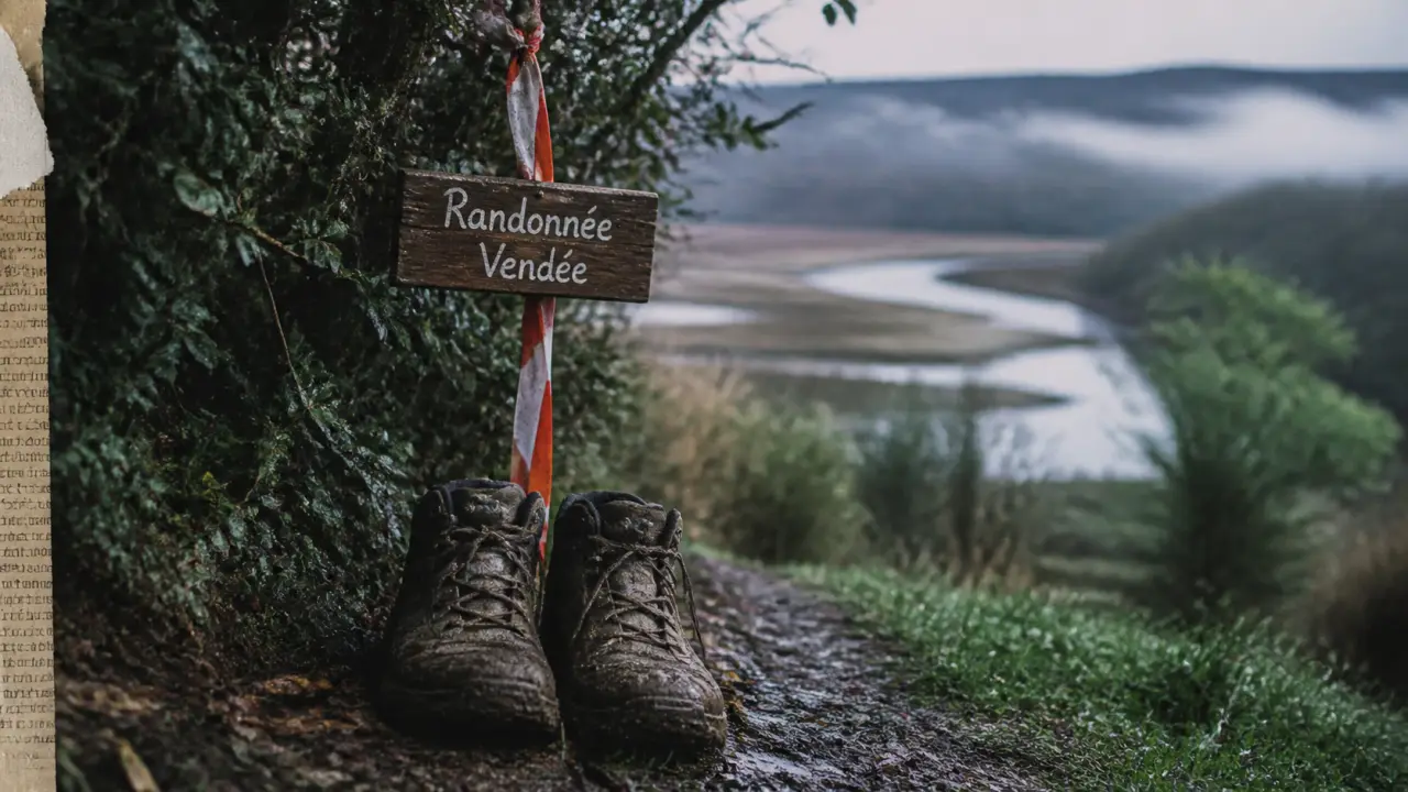 Randonnée Vendée : chaussures boueuses sur sentier avec balisage