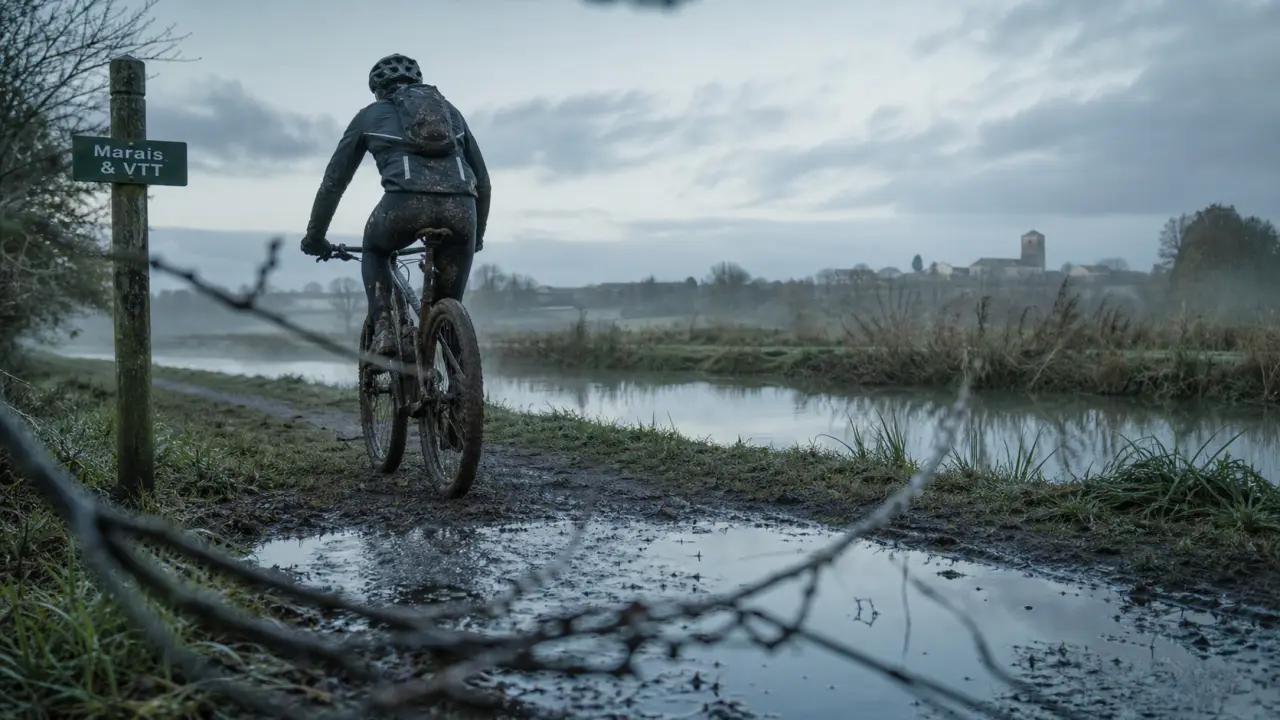 Randonnée vtt vendée : cycliste dans le marais poitevin au bord des canaux