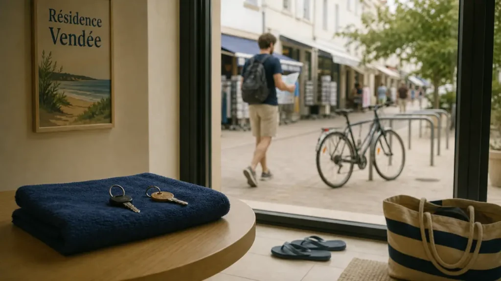 Résidence vacances vendée : clés et serviette près d’une baie vitrée