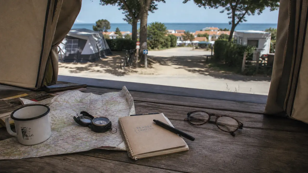Vacances camping en Vendée : table de camping et vue vers l’océan