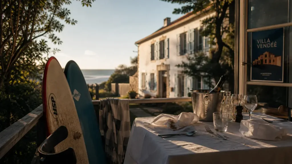 Villa vacances Vendée : table terrasse, mer à pied, piscine ou bocage