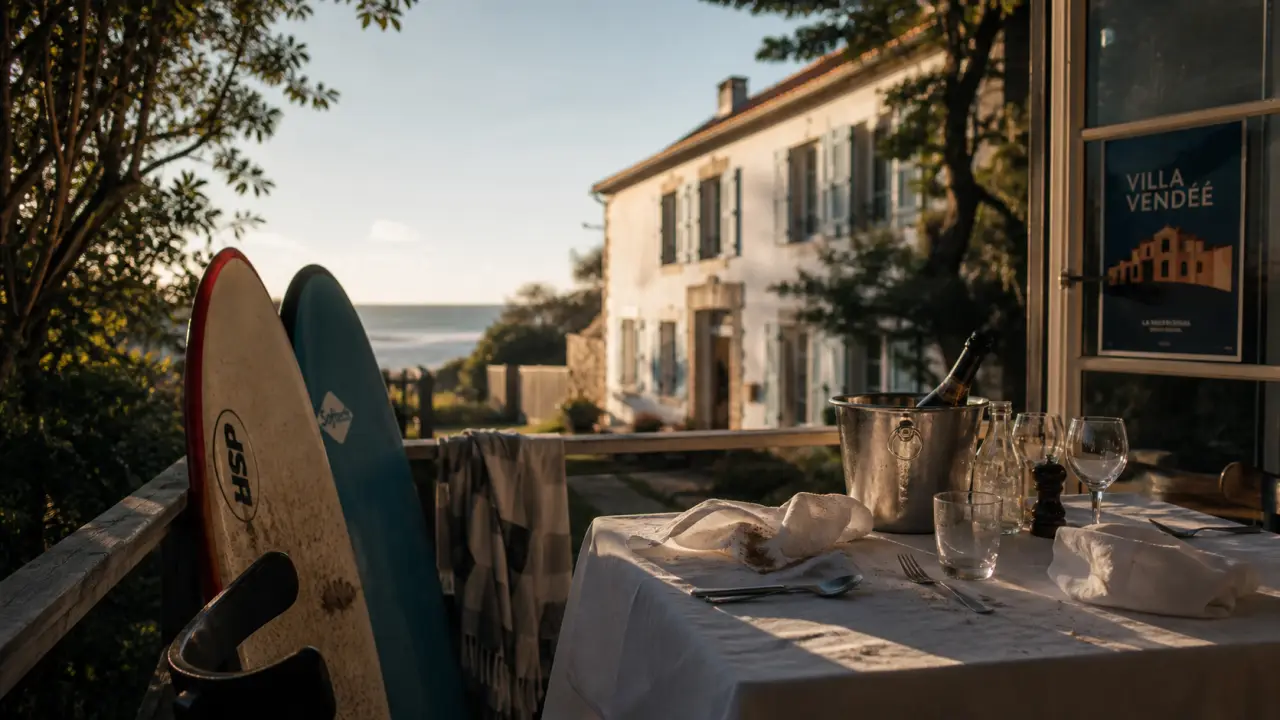 Villa vacances Vendée : table terrasse, mer à pied, piscine ou bocage