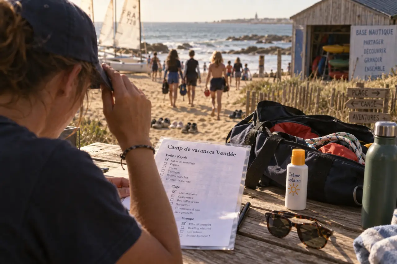Camp de vacances vendée : animateur ajuste une casquette, plage et enfants