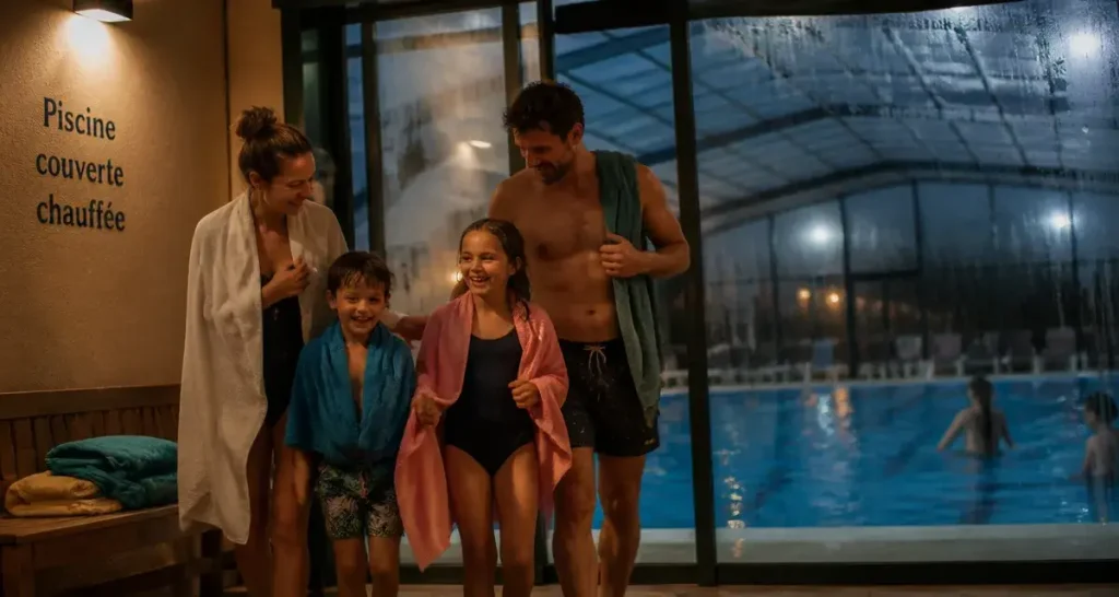Camping Vendée piscine couverte chauffée : famille à la sortie du hall vers la piscine