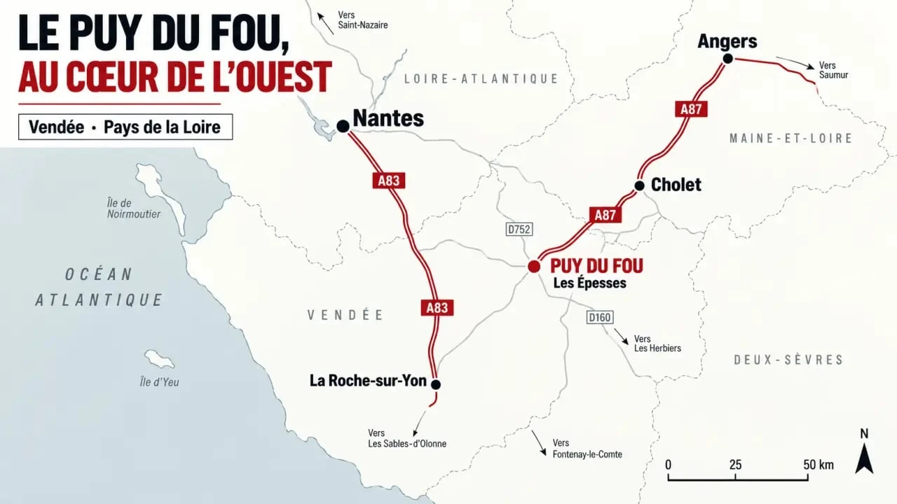 Carte de France du Puy du Fou aux Épesses avec les villes proches et les principaux axes routiers