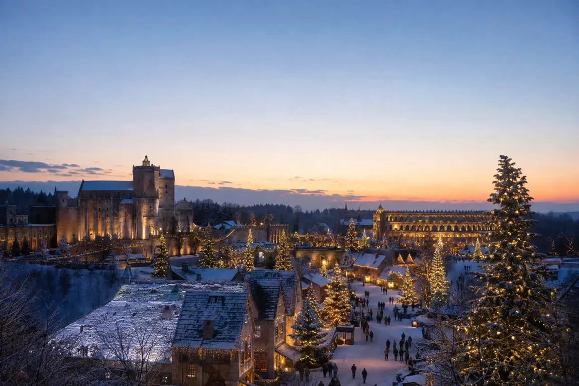 Puy du Fou noel dans une ambiance hivernale festive avec sapins et illuminations