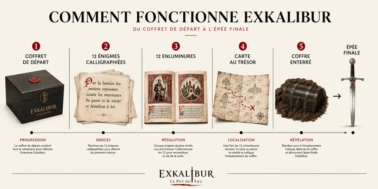 Exkalibur Puy du Fou : schéma de progression du coffret aux 12 énigmes jusqu’au trésor