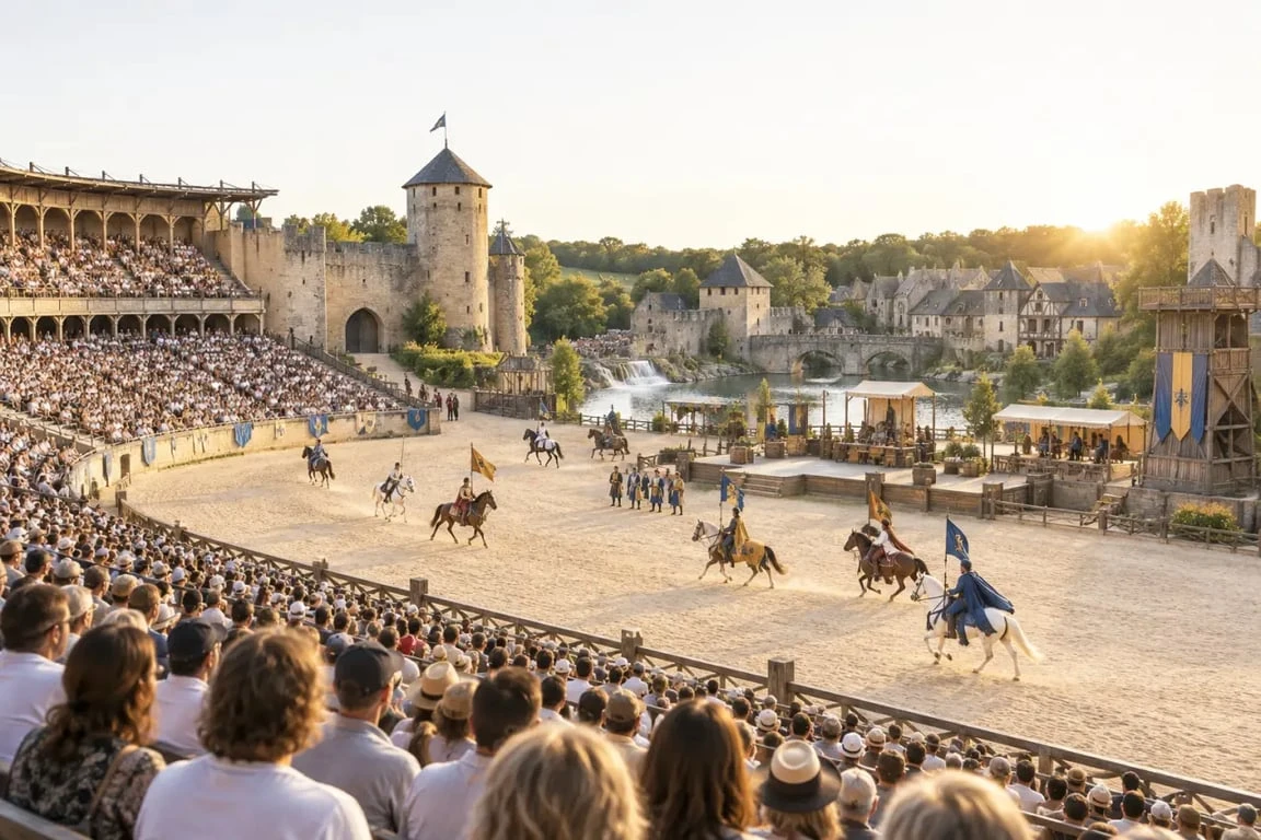Spectacle du Puy du Fou en plein air avec cavaliers et décors historiques