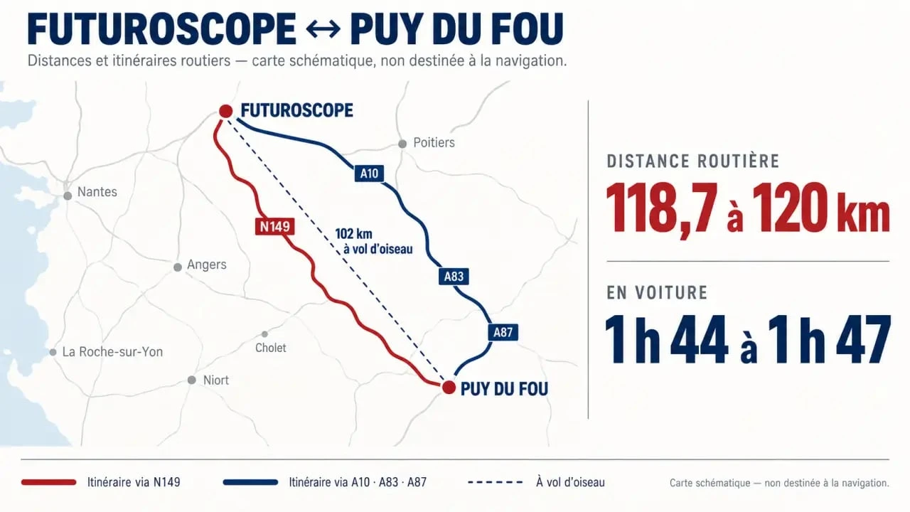 Infographie sur la distance Puy du Fou Futuroscope, les kilomètres et la durée en voiture