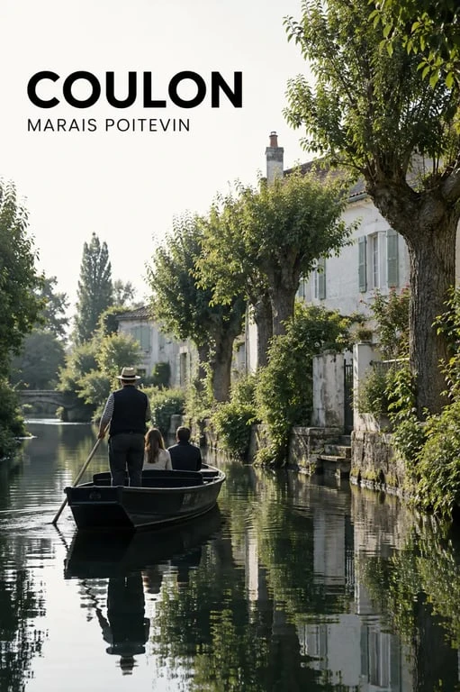 Village du Marais poitevin à Coulon avec barque sur un canal de la Venise Verte