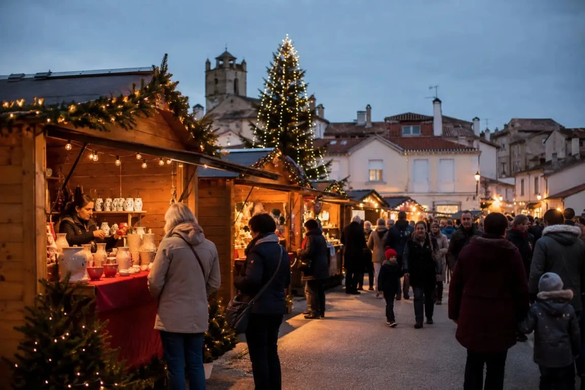 Marché de Noël en Vendée avec chalets illuminés et visiteurs en famille