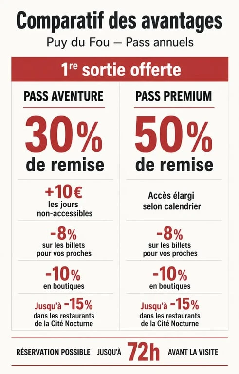 Comparatif du puy du fou pass annuel entre Pass Aventure et Pass Premium