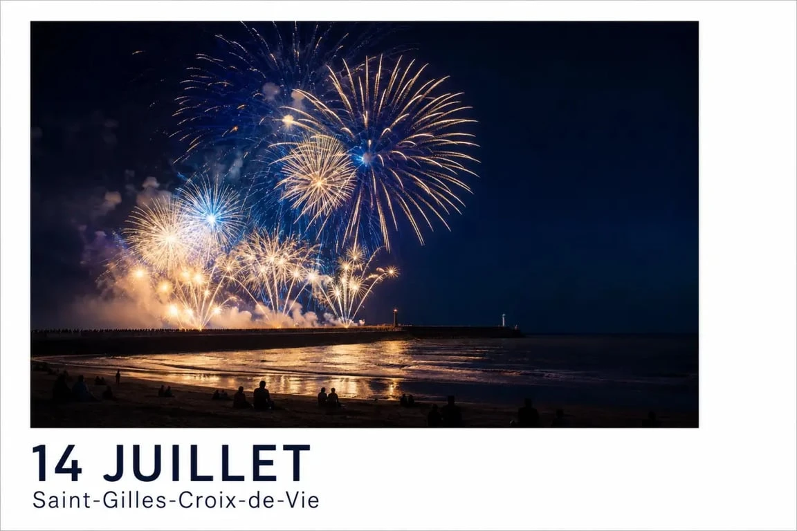 Feu d'artifice Saint-Gilles-Croix-de-Vie 2025 au-dessus de la grande jetée de la Garenne et de l’océan