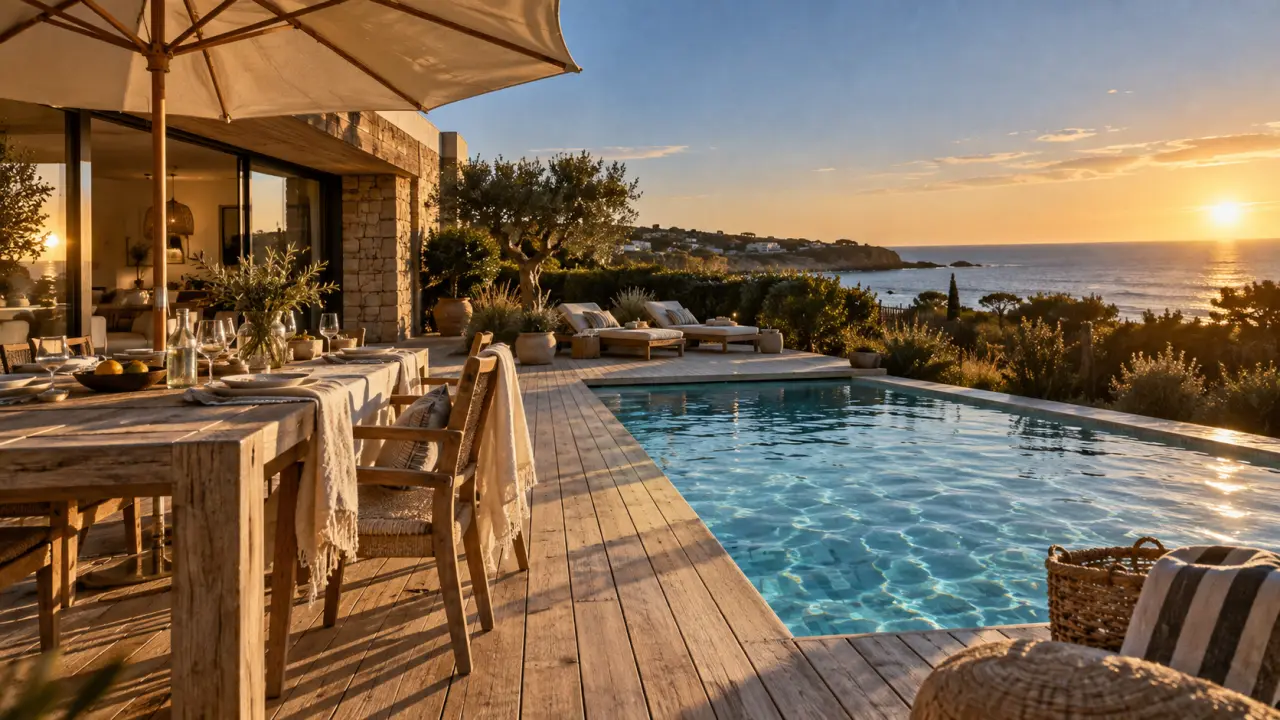 Location maison vacances avec piscine Vendée : terrasse et piscine privée au jardin