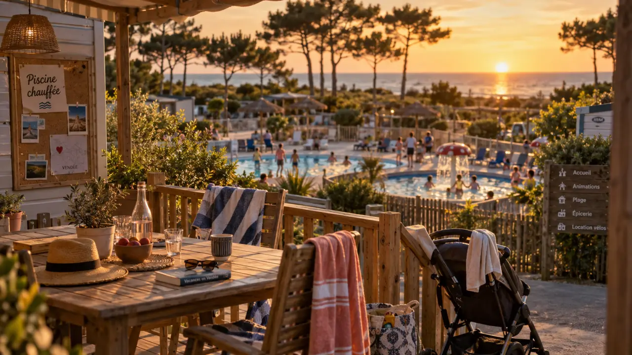 Location vacances camping Vendée avec piscine : terrasse mobil-home et piscine chauffée