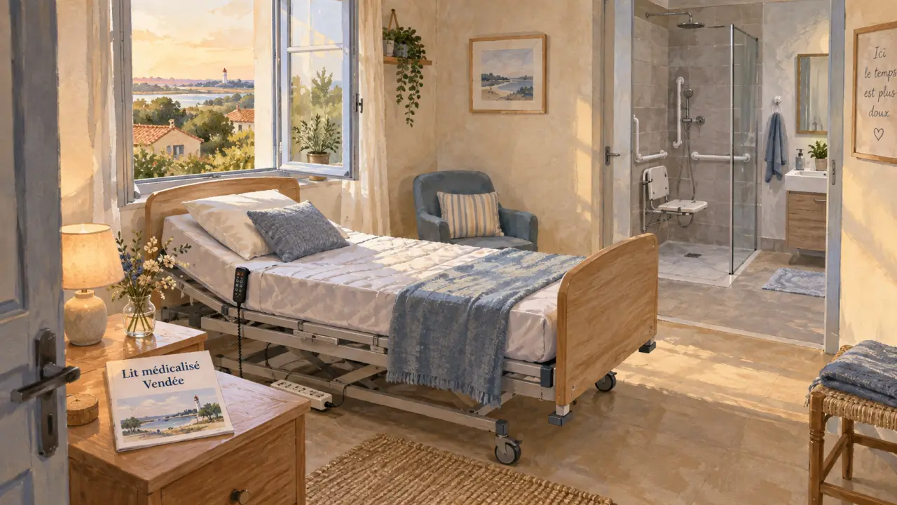 Chambre d’une location vacances avec lit médicalisé Vendée, accessible