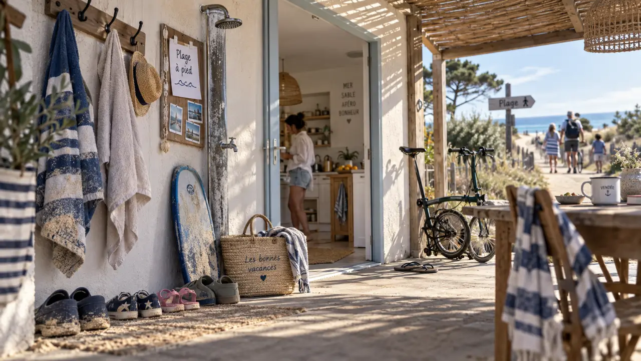 Location vacances vendée pour les familles, entrée avec serviettes sableuses et plage à pied