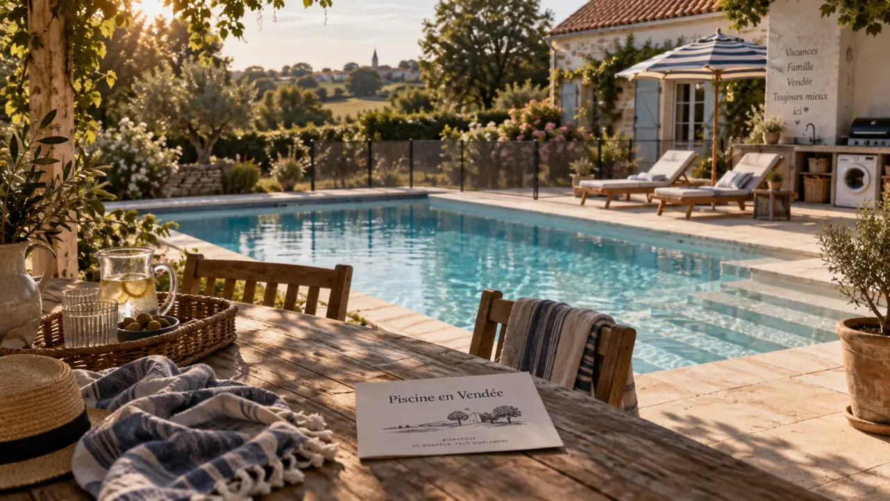 Maison de vacances avec piscine en Vendée, terrasse, piscine privée et jardin bocage.