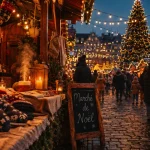 marche de noel en vendee : chalets éclairés au crépuscule