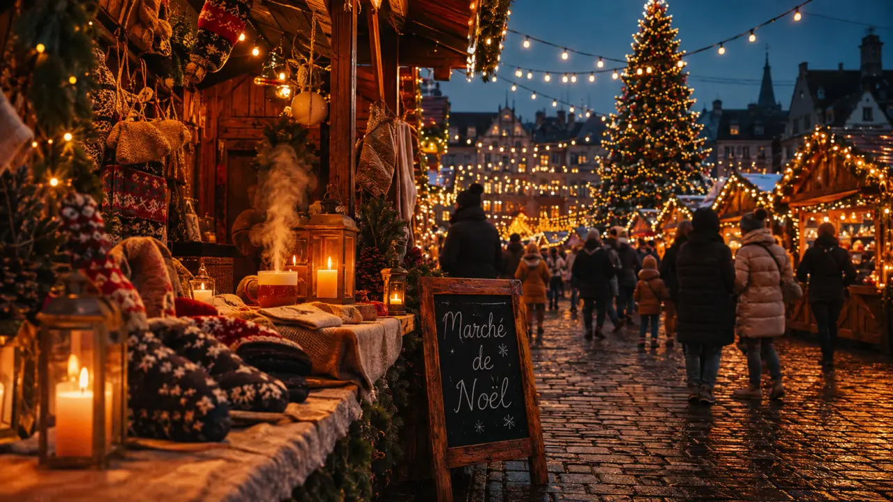 marche de noel en vendee : chalets éclairés au crépuscule