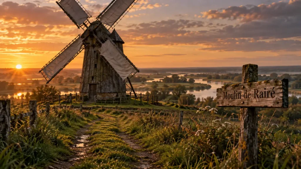 Moulin à visiter en Vendée : Moulin de Rairé au crépuscule, paysage de marais