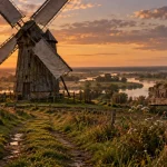 Moulin à visiter en Vendée : Moulin de Rairé au crépuscule, paysage de marais