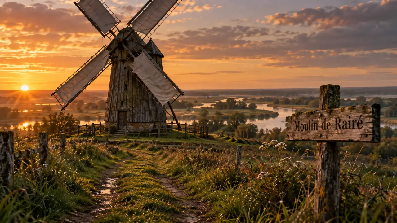 Moulin à visiter en Vendée : Moulin de Rairé au crépuscule, paysage de marais