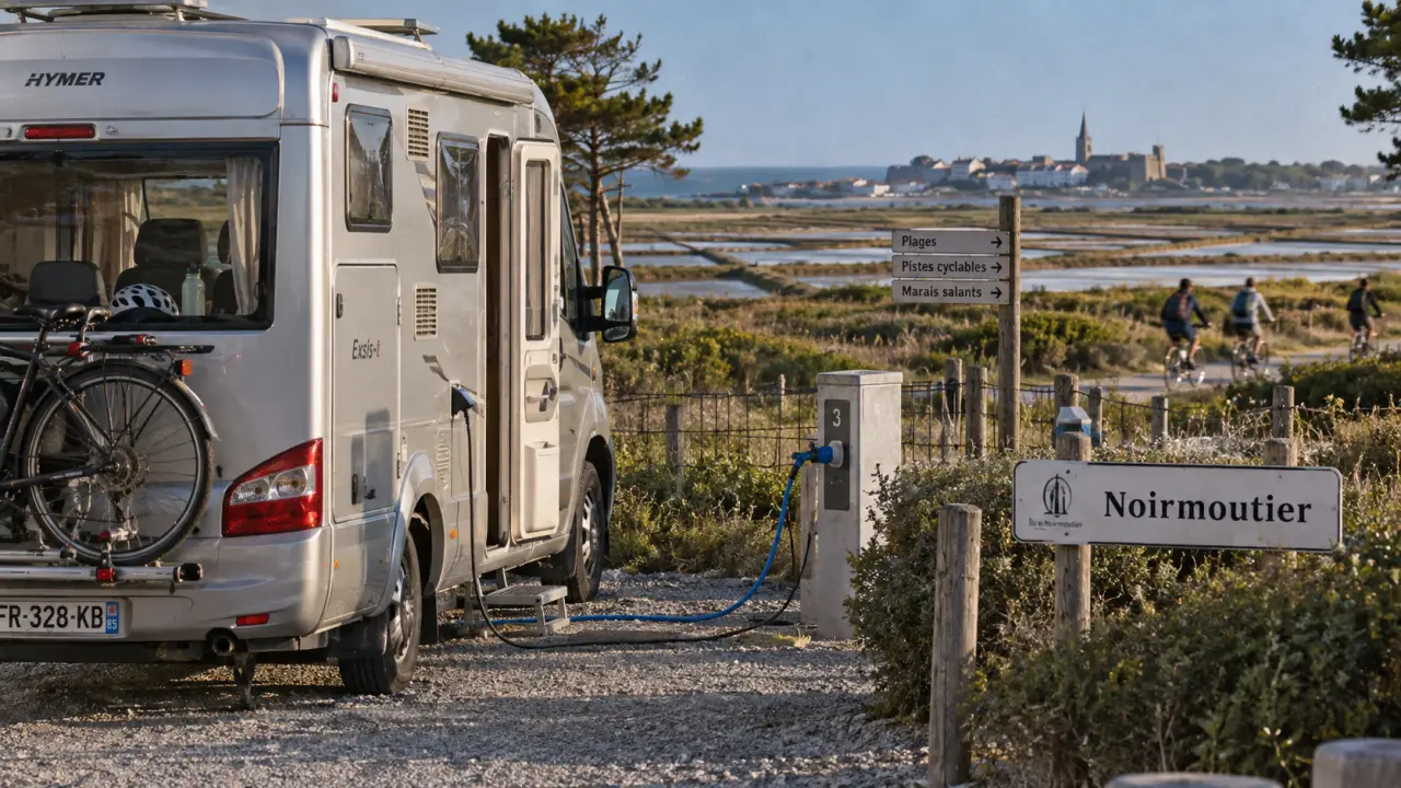Noirmoutier camping car sur une aire, vélo et départ vers la côte