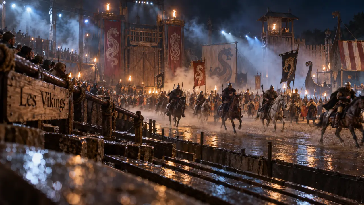 Puy du Fou- spectacle Vikings : tribunes et cavaliers au Puy du Fou
