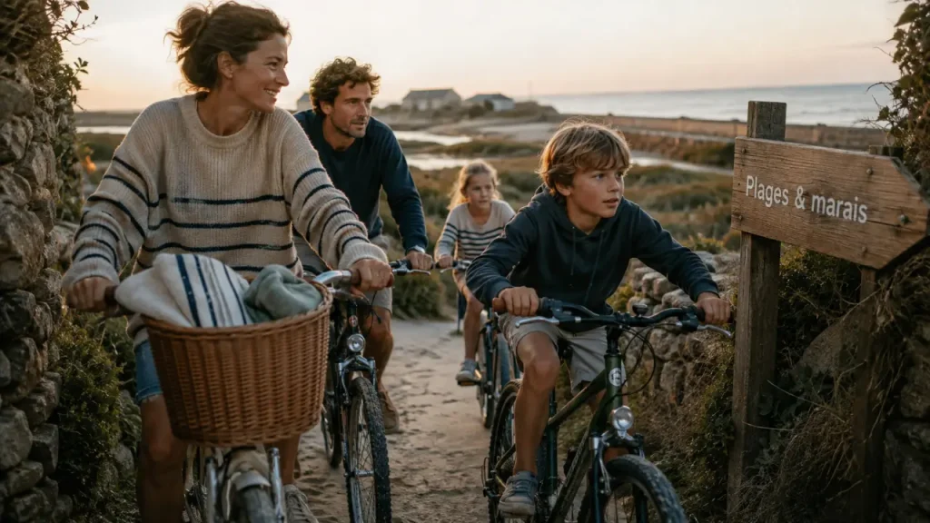 Que faire en Vendée en été : couple et enfants à vélo près des plages et marais salants