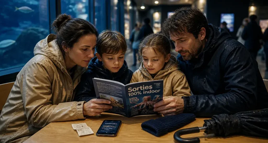 Que faire en Vendée sous la pluie : famille indoor dans un musée, brochure et billets mouillés