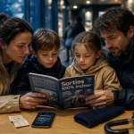 Que faire en Vendée sous la pluie : famille indoor dans un musée, brochure et billets mouillés