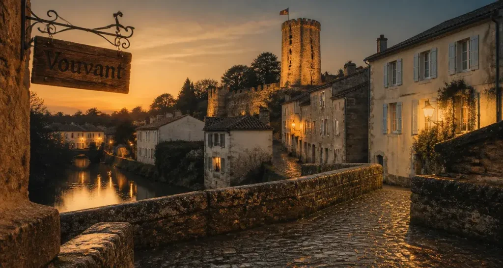 Quel village visiter en Vendée : Vouvant, ruelles médiévales au golden hour